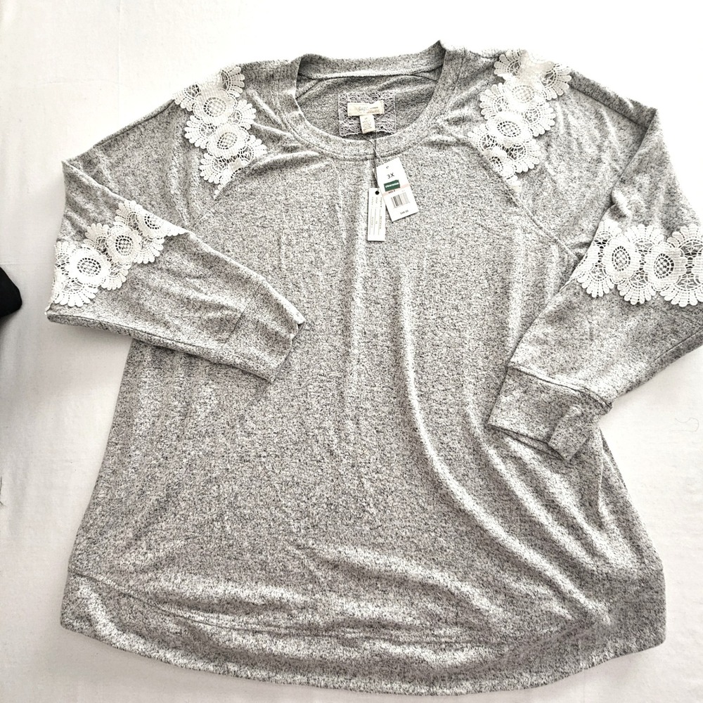 Cupio Woman Gray Heathered Crochet Lace Sleeve Top 3X BK1T856W New with tags